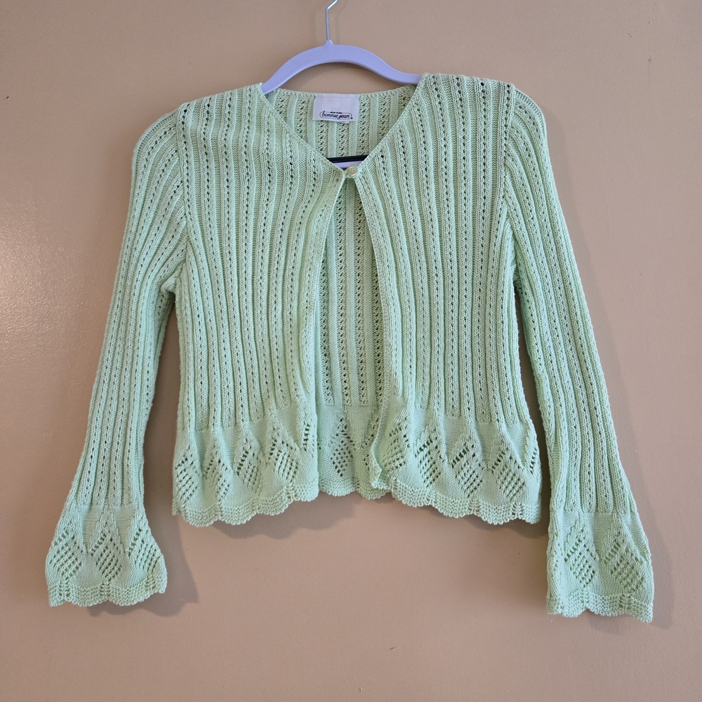 Y2K Pointelle Mint Green Knit Cardigan Flutter Sleeve